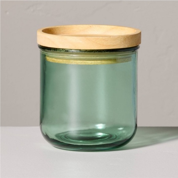 2!!!! HEARTH & HAND NWT tinted glass kitchen storage jars wood lid -green -11.8o - Picture 1 of 8